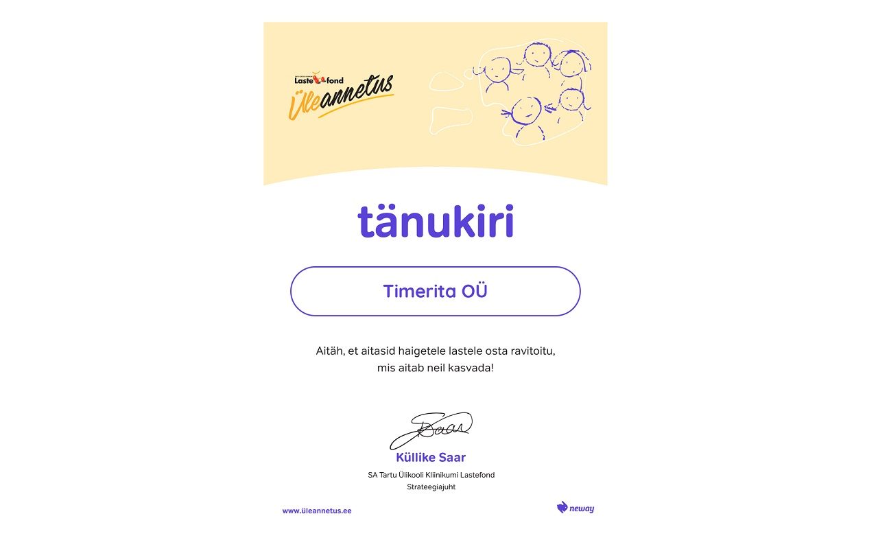 Tartu Ülikooli Kliinikumi Lastefondi tänukiri